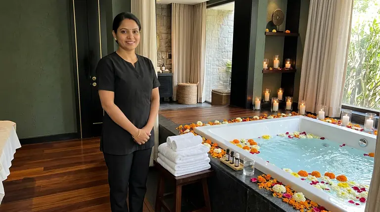 Jacuzzi spa room with towels and flower petals